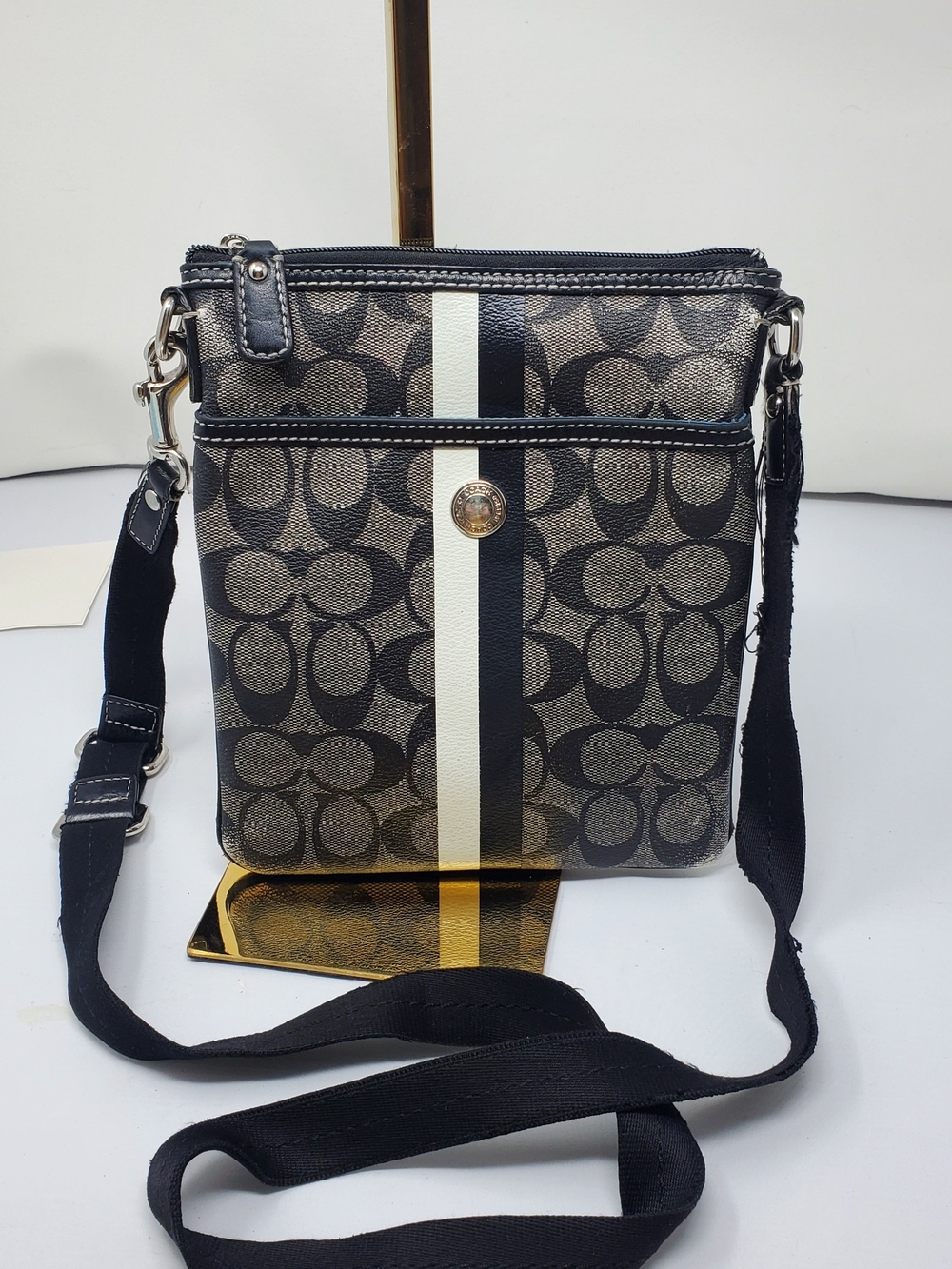 Coach Monogram Crossbody with Center Black and Cream Stripe